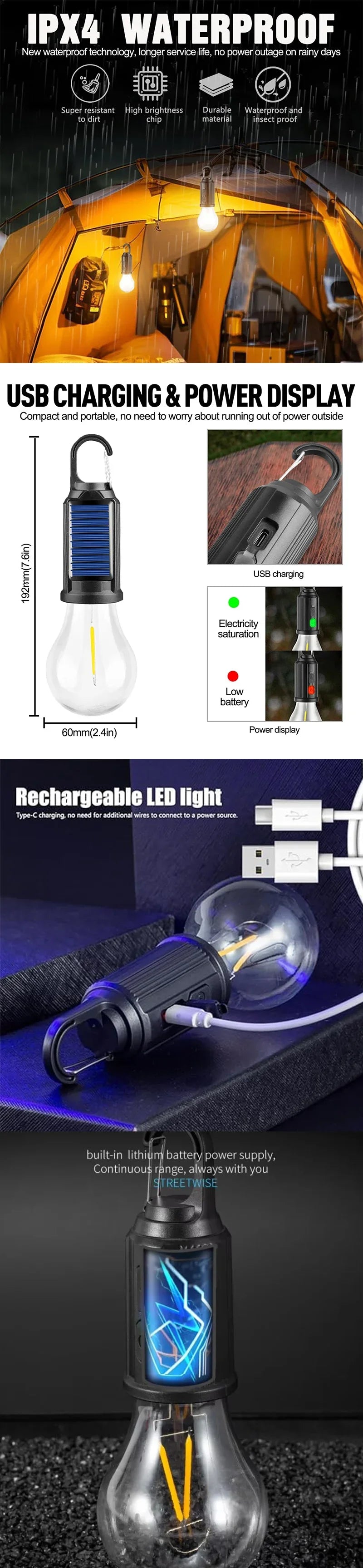 Lampes solaires LED pour Camping – Ampoules rechargeables USB, lampe à intensité variable avec crochets, lumière Vintage pour tente, lanterne, extérieur