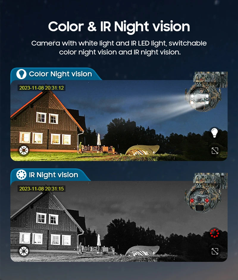 Caméra de surveillance extérieure INQMEGA 2K 4MP PTZ solaire – 4G/WiFi, vision 360°, camouflage animaux