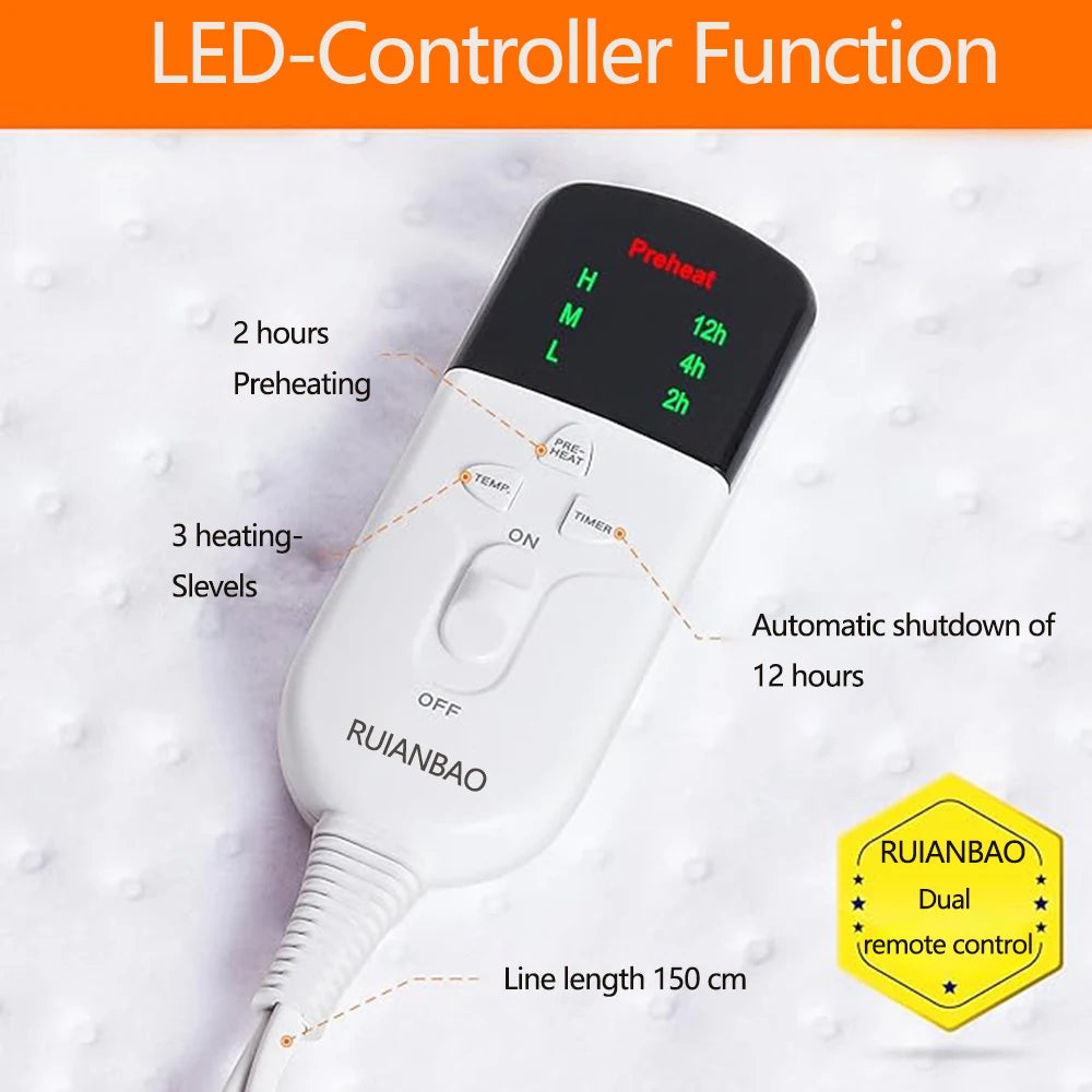 RUIANBAO couverture chauffante double contrôle – couverture électrique 160×140 cm, minuterie coussin chauffant 220 V, matelas thermique lit plus chaud
