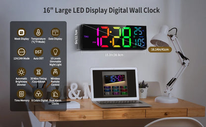 Grande horloge murale numérique de 16 pouces, grand écran LED avec télécommande, 8 couleurs RVB, alarme, DST, température pour salon, cuisine