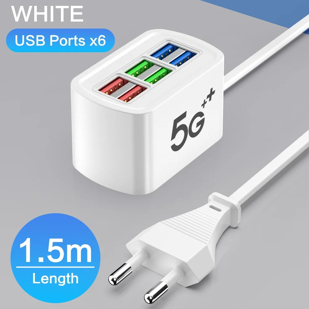 Chargeur USB rapide 6 en 1 multiprise - Station bureau, cordon 1m, adaptateur HUB USB, prises EU/US