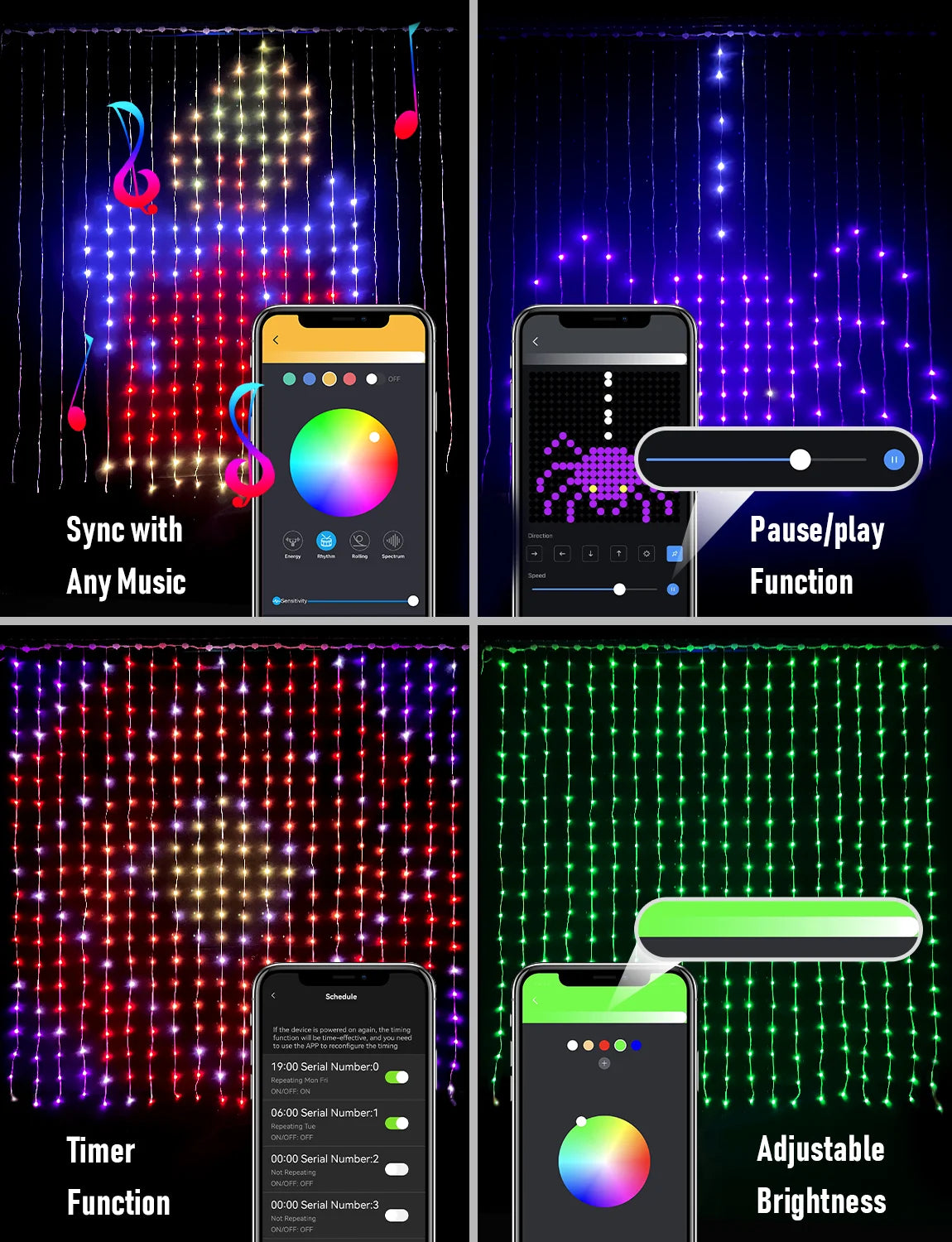 Rideau lumineux LED intelligent RGB – guirlande musique programmable – fenêtre & salle de fêtes, 3x3m, 2x2m, 1x1m