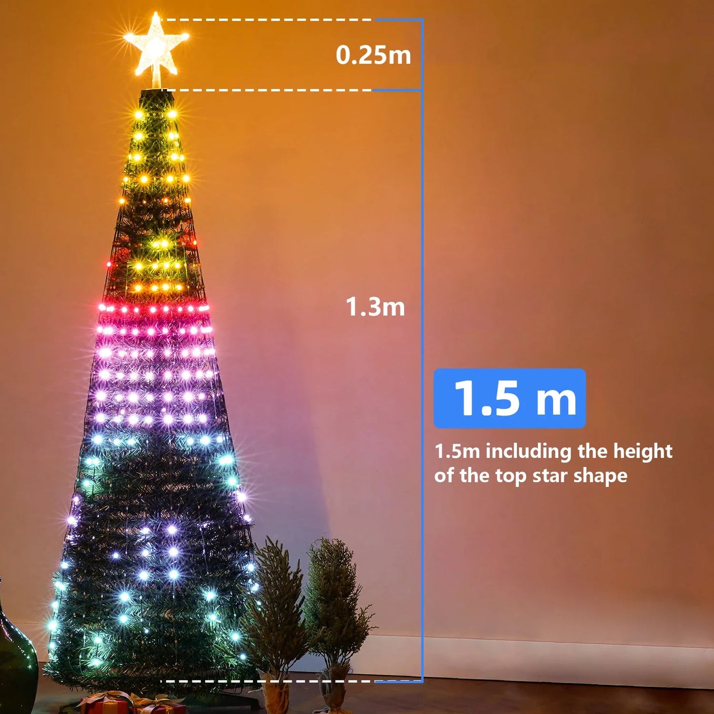 Lumière d’étoile de sapin de Noël intelligente RVB – minuterie à distance, application Bluetooth, guirlande LED magique
