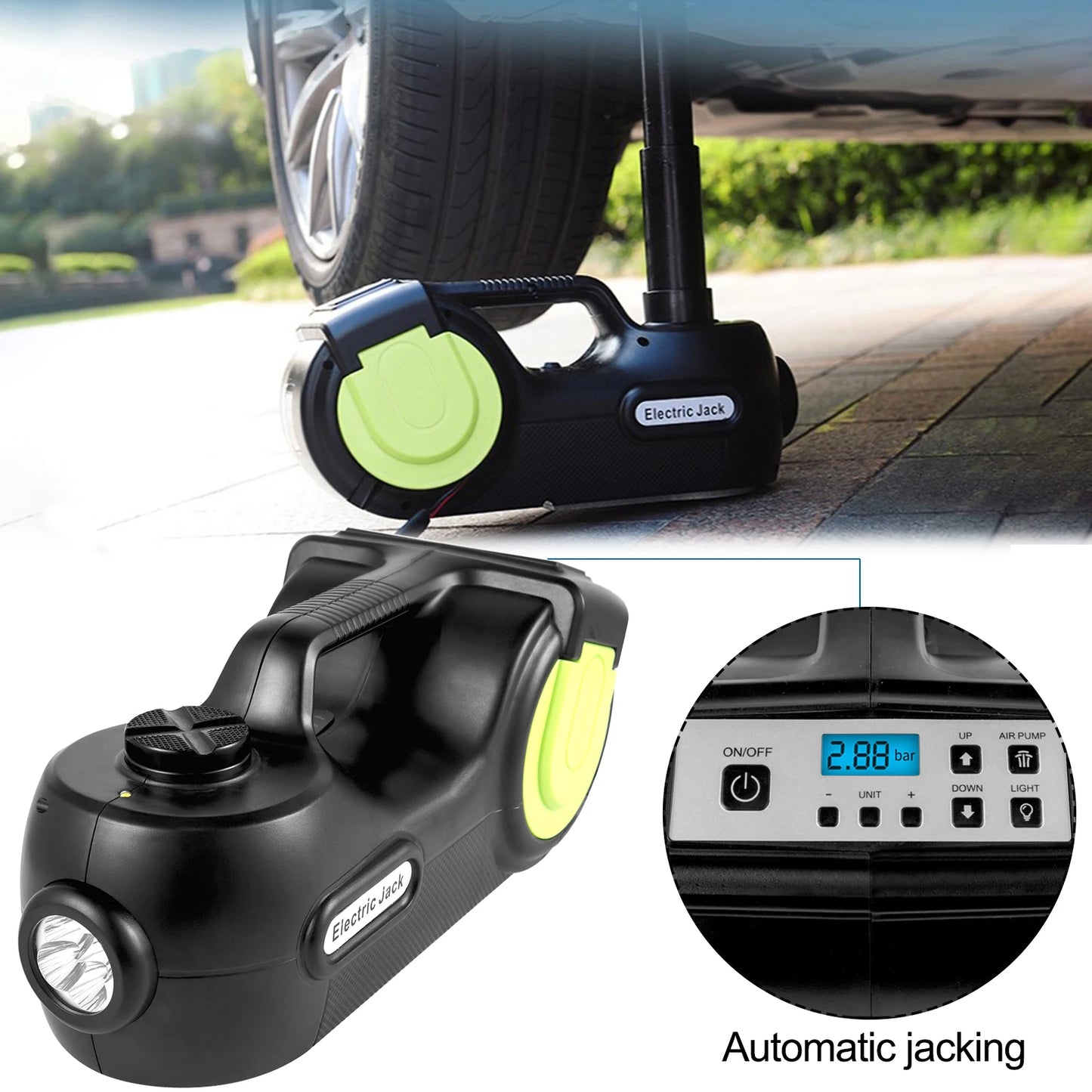 SucceBuy Kit cric de voiture électrique 5T 12V + Clé à chocs, cric hydraulique portable 5 tonnes avec LED et compresseur intégré 13,5–36 cm pour levage et réparation de pneus