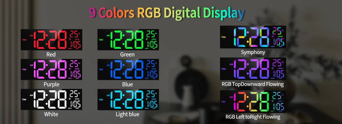 Grande horloge murale numérique de 16 pouces, grand écran LED avec télécommande, 8 couleurs RVB, alarme, DST, température pour salon, cuisine