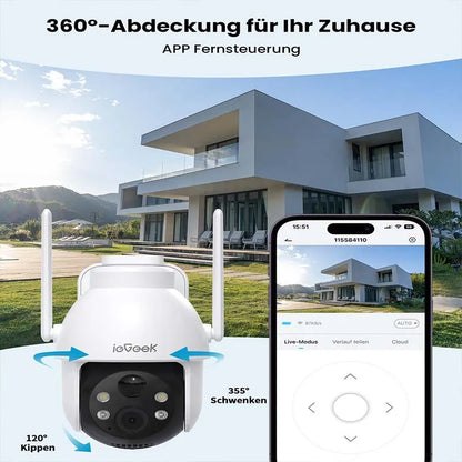Caméra de surveillance extérieure WiFi ieGeek 2K PTZ – solaire, 360° couleur, détection humaine