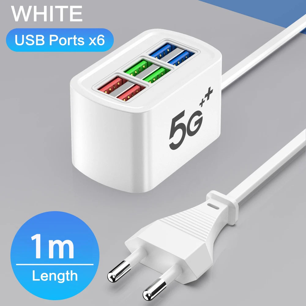 Chargeur USB rapide 6 en 1 multiprise - Station bureau, cordon 1m, adaptateur HUB USB, prises EU/US