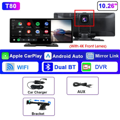 Écran Carplay Android Auto sans fil Srnubi 10.26” – 4K DVR tableau de bord, enregistreur double caméra, GPS