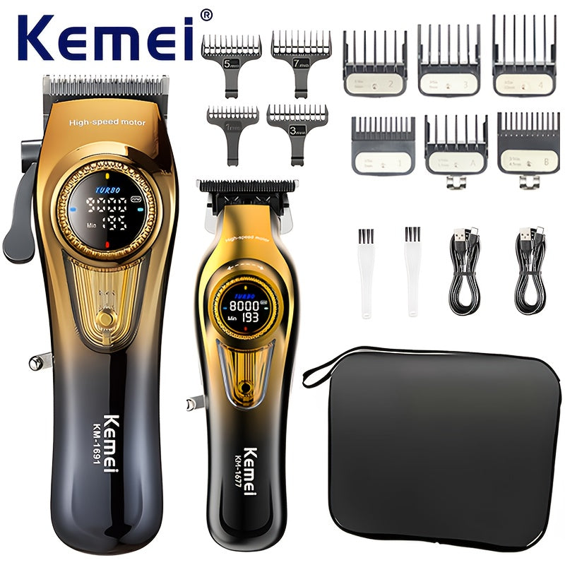 Kemei KM-1691 & KM-1677 – Kit professionnel de tondeuse et rasoir pour homme, lames en poudre métallurgique, batterie lithium‑ion rechargeable