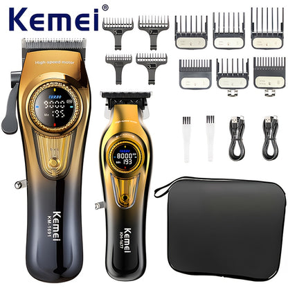 Kemei KM-1691 & KM-1677 – Kit professionnel de tondeuse et rasoir pour homme, lames en poudre métallurgique, batterie lithium‑ion rechargeable