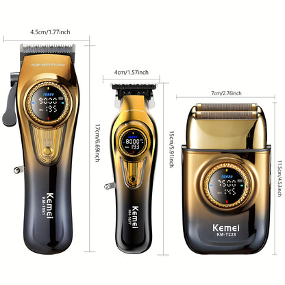 Kemei KM-1691 & KM-1677 – Kit professionnel de tondeuse et rasoir pour homme, lames en poudre métallurgique, batterie lithium‑ion rechargeable